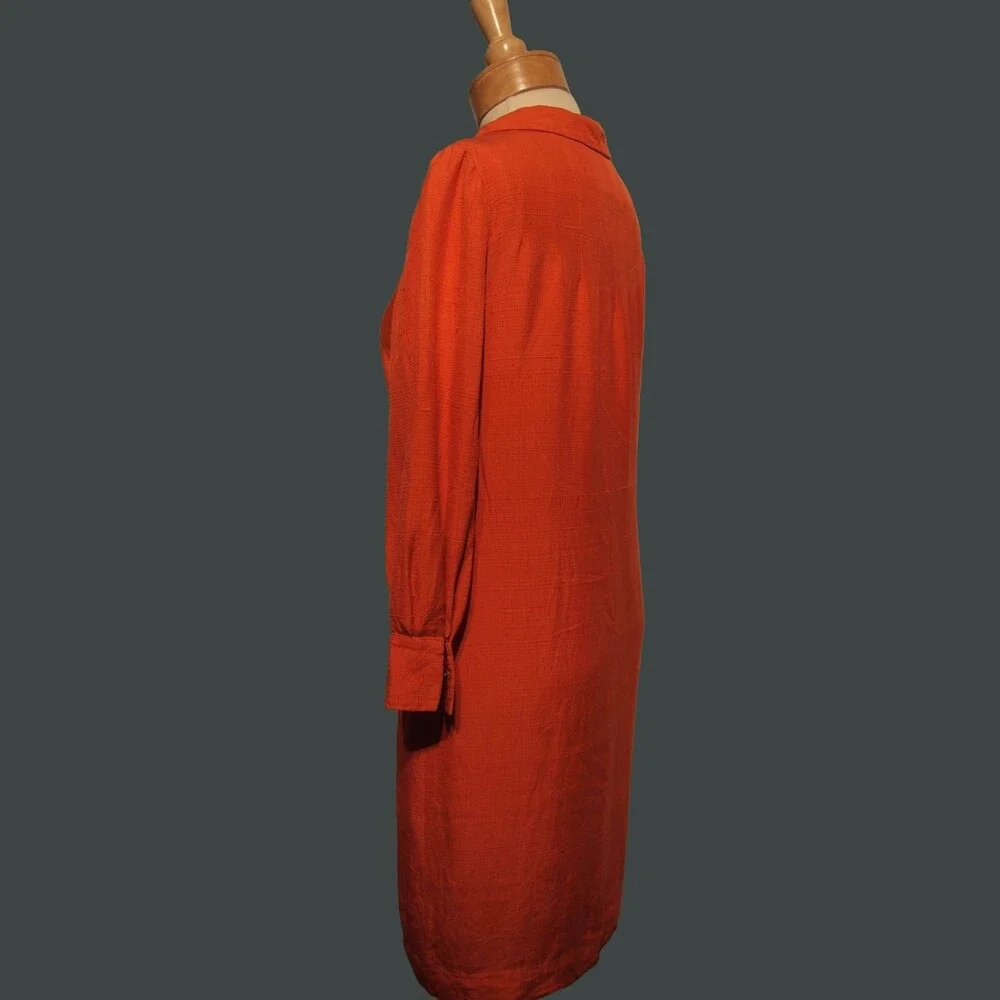 Vintage 60s Barney Max Orange Twilled Silk Shift Dress Long Sleeve Button Medium - Picture 3 of 12